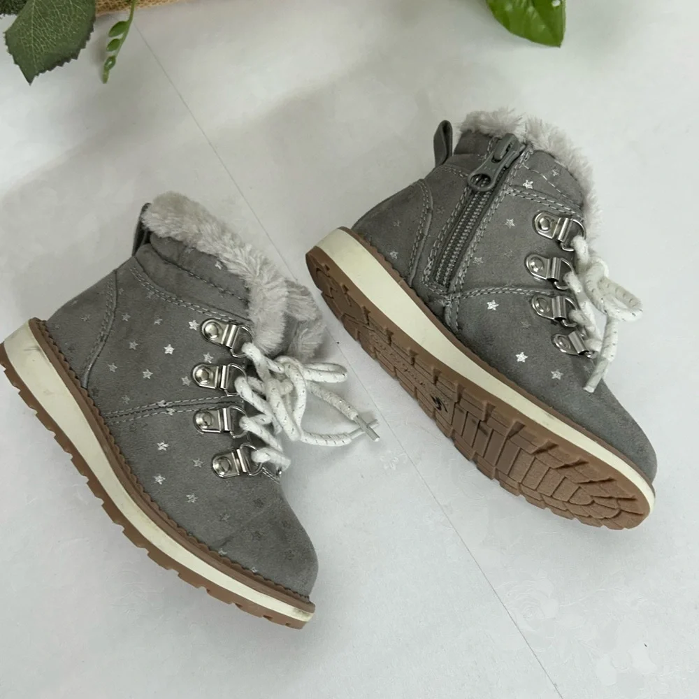 Cat & Jack Grey Faux-Fur Star Accent Lace-Up Boots